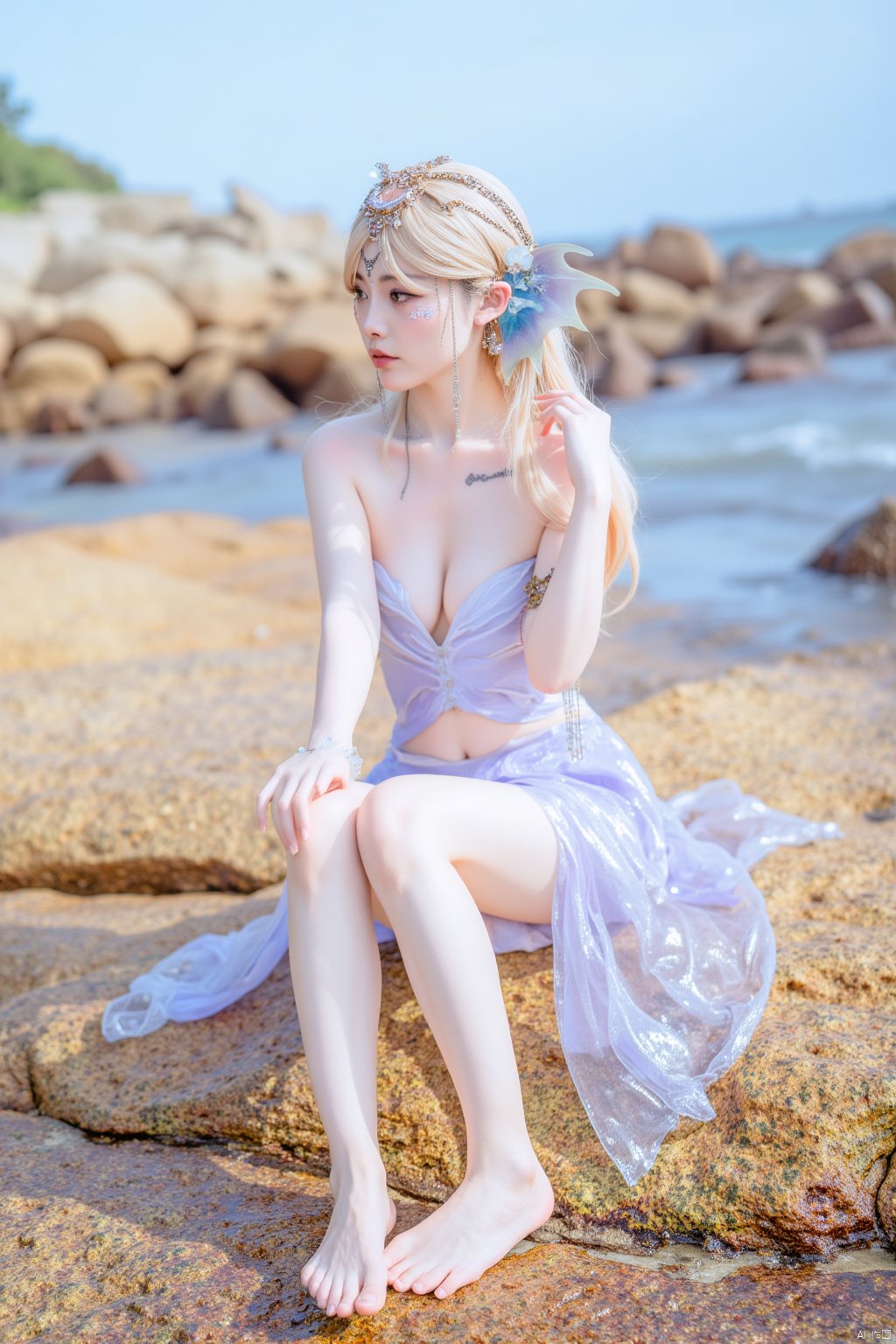 The image shows a young woman sitting on a large rock on a beach. She is wearing a purple and white outfit with a floral headpiece on her head. The headpiece is made up of small flowers and leaves, and she has long blonde hair that is styled in loose waves. The woman is sitting with her legs crossed and her hands resting on her knees. She has a serious expression on her face and is looking off to the side. The background shows a rocky shoreline and the ocean. The overall mood of the image is peaceful and serene.