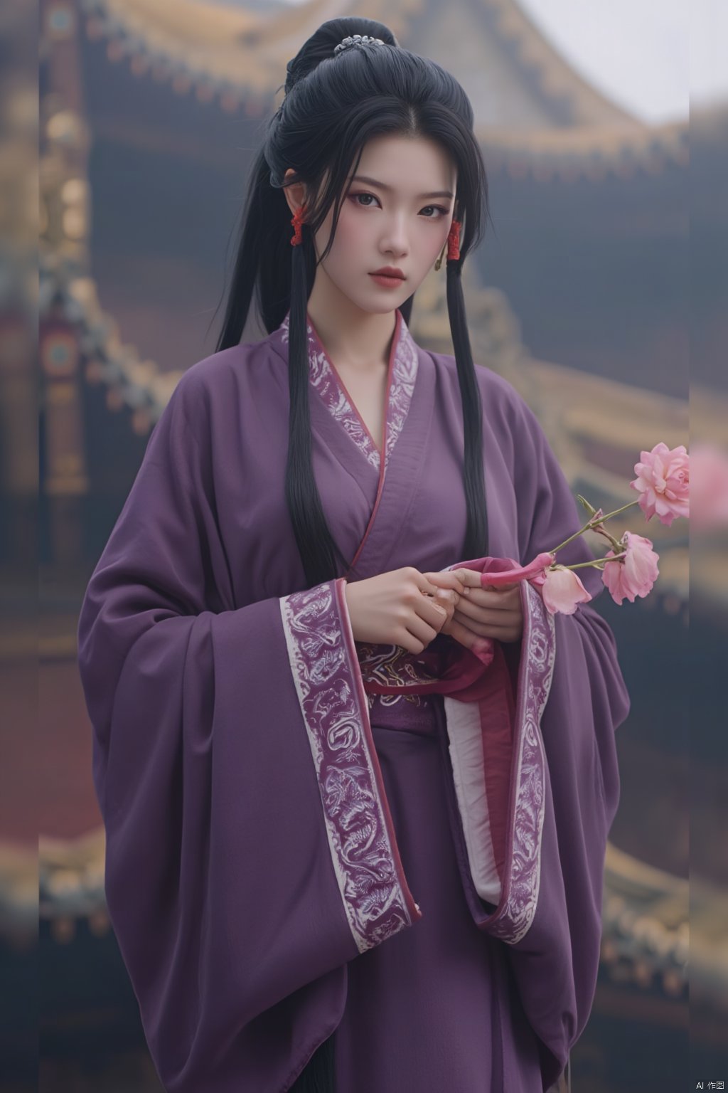 masterpiece,qingyi,danya,1girl,black hair,hanfu,(flower:1.5),realistic,hair ornament,chinese clothes,(purple dress:1.39),black eyes,long sleeves,holding,holding flower,,hanfu,cho girl, longfeihanfu,looking at viewer,(huge breasts:1.79),Xqinhan