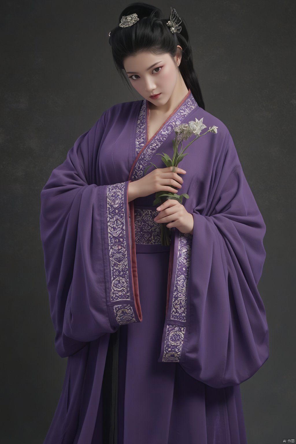 masterpiece,qingyi,danya,1girl,black hair,hanfu,(flower:1.5),realistic,hair ornament,chinese clothes,(purple dress:1.39),black eyes,long sleeves,holding,holding flower,,hanfu,cho girl, longfeihanfu,looking at viewer,(huge breasts:1.79),Xqinhan