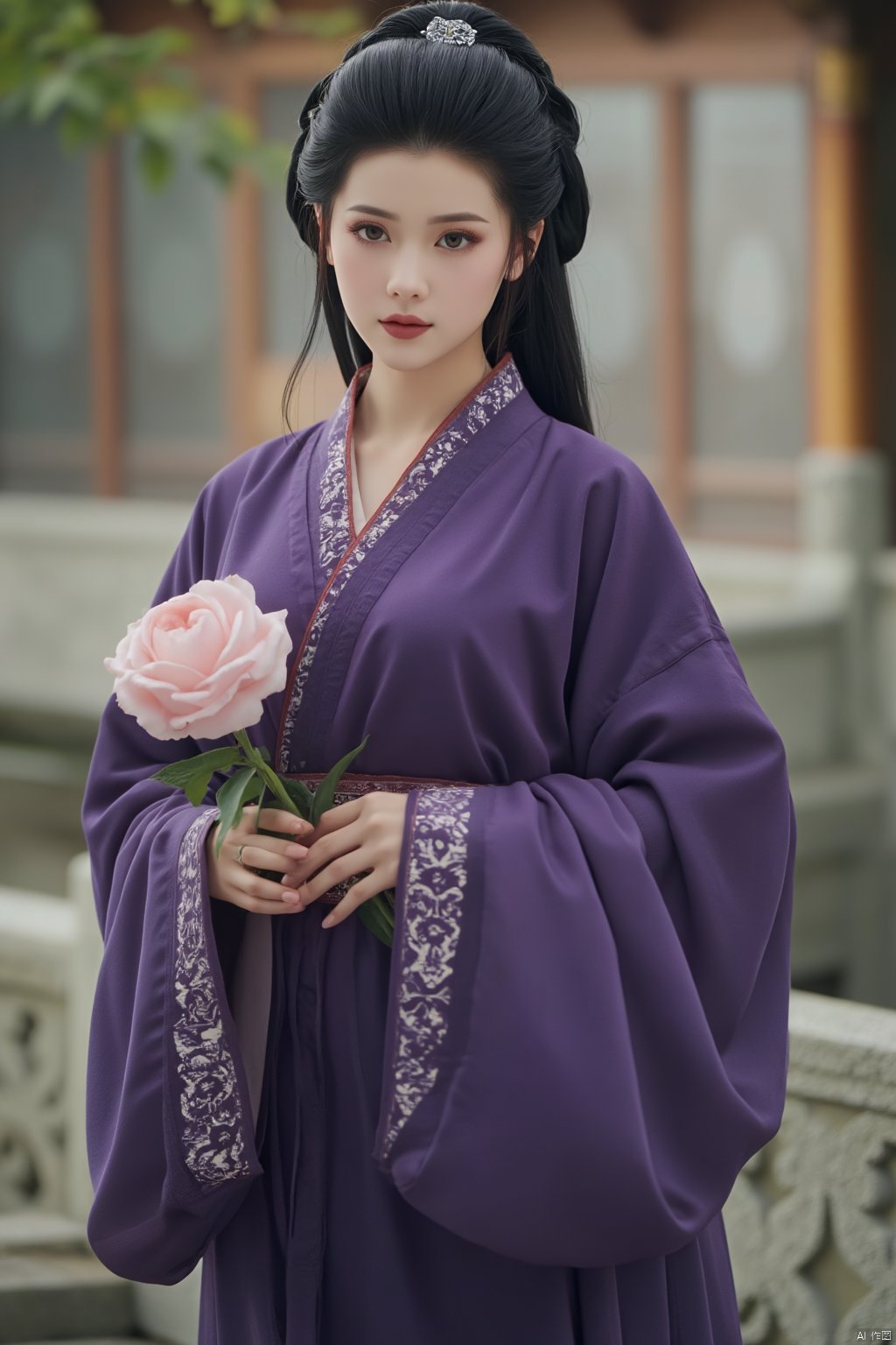 masterpiece,qingyi,danya,1girl,black hair,hanfu,(flower:1.5),realistic,hair ornament,chinese clothes,(purple dress:1.39),black eyes,long sleeves,holding,holding flower,,hanfu,cho girl, longfeihanfu,looking at viewer,(huge breasts:1.79),Xqinhan