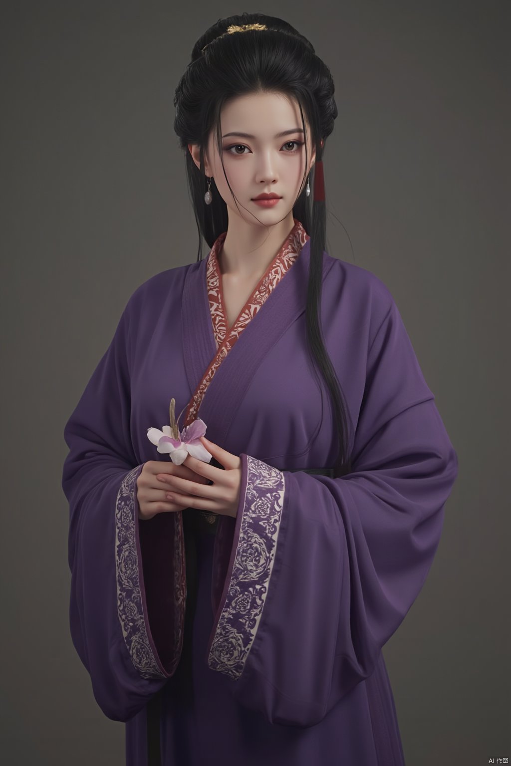 masterpiece,qingyi,danya,1girl,black hair,hanfu,(flower:1.5),realistic,hair ornament,chinese clothes,(purple dress:1.39),black eyes,long sleeves,holding,holding flower,,hanfu,cho girl, longfeihanfu,looking at viewer,(huge breasts:1.79),Xqinhan