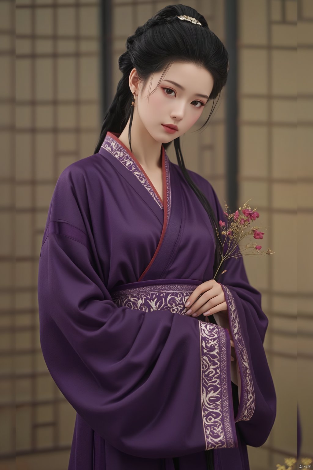 masterpiece,qingyi,danya,1girl,black hair,hanfu,(flower:1.5),realistic,hair ornament,chinese clothes,(purple dress:1.39),black eyes,long sleeves,holding,holding flower,,hanfu,cho girl, longfeihanfu,looking at viewer,(huge breasts:1.79),Xqinhan