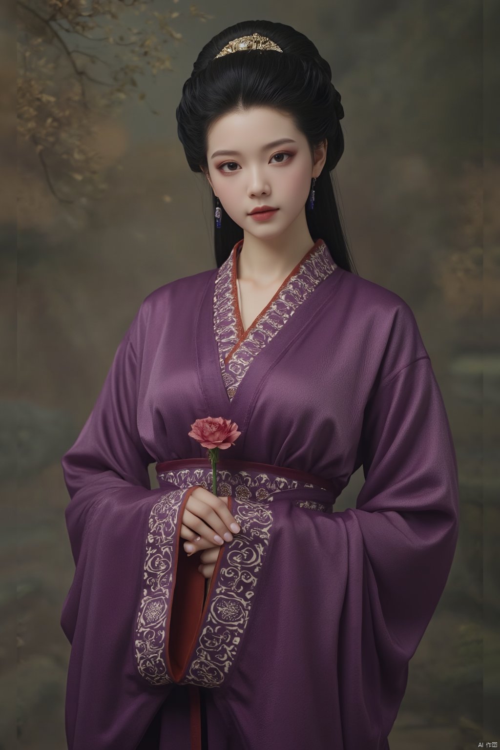 masterpiece,qingyi,danya,1girl,black hair,hanfu,(flower:1.5),realistic,hair ornament,chinese clothes,(purple dress:1.39),black eyes,long sleeves,holding,holding flower,,hanfu,cho girl, longfeihanfu,looking at viewer,(huge breasts:1.79),Xqinhan