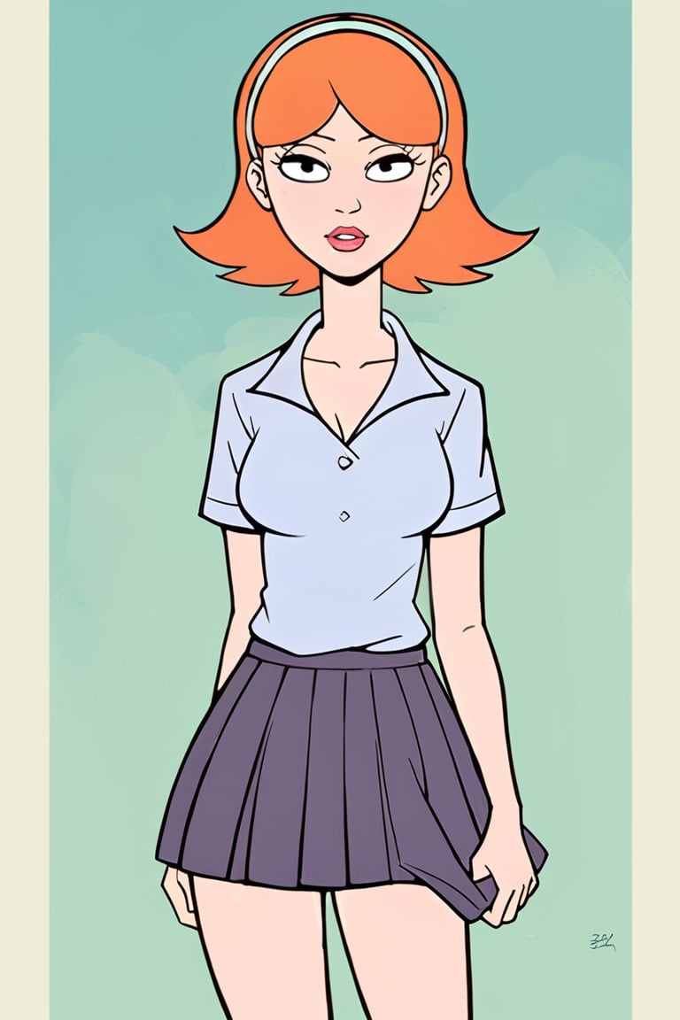 portrait torso, daytime, school scenary, students, masterpiece, best quality, highly detailed, score_9, score_8_up, score_7_up, score_6_up, source_anime,JessicaXLv2LessSteps,  1girl, BREAK, lipstick, short hair,  woman, cartoon_source, orange hair, skirt, shirt, school, schoolgirl, looking at the viewer, black eyes, headband,