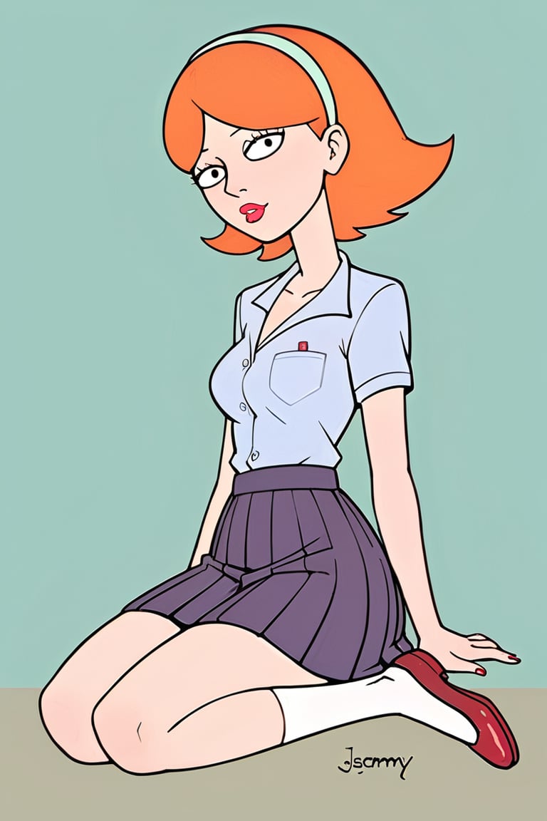 full_body, daytime, masterpiece, best quality, highly detailed, score_9, score_8_up, score_7_up, score_6_up, source_anime,JessicaXLv2LessSteps,  1girl, BREAK, lipstick, short hair,  woman, cartoon_source, orange hair, skirt, shirt, school, schoolgirl, looking at the viewer, black eyes, headband,