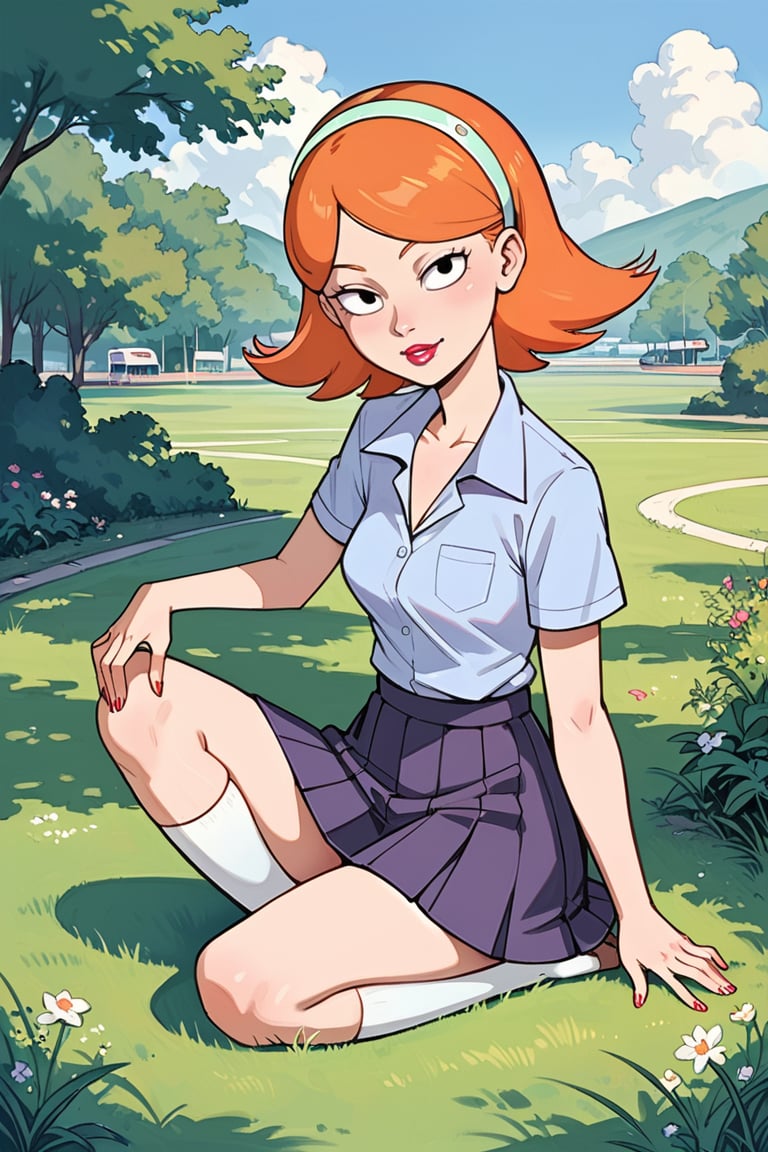 full_body, daytime, outdoors, masterpiece, best quality, highly detailed, score_9, score_8_up, score_7_up, score_6_up, source_anime, JessicaXLv2LessSteps, 1girl, BREAK, lipstick, short hair,  woman, cartoon_source, orange hair, skirt, shirt, school, schoolgirl, looking at the viewer, black eyes, headband, dynamic pose, sit down in the grass,