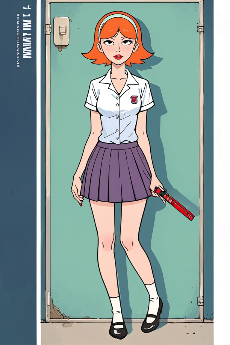 full_body, daytime, masterpiece, best quality, highly detailed, score_9, score_8_up, score_7_up, score_6_up, source_anime,JessicaXLv2LessSteps,  1girl, BREAK, lipstick, short hair,  woman, cartoon_source, orange hair, skirt, shirt, school, schoolgirl, looking at the viewer, black eyes, headband,