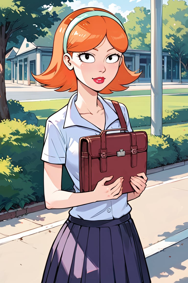 portrait torso, daytime, outdoors, masterpiece, best quality, highly detailed, score_9, score_8_up, score_7_up, score_6_up, source_anime,JessicaXLv2LessSteps,  1girl, lipstick, short hair,  woman, cartoon_source, orange hair, skirt, shirt, school, schoolgirl, looking at the viewer, black eyes, headband, dynamic pose,BREAK