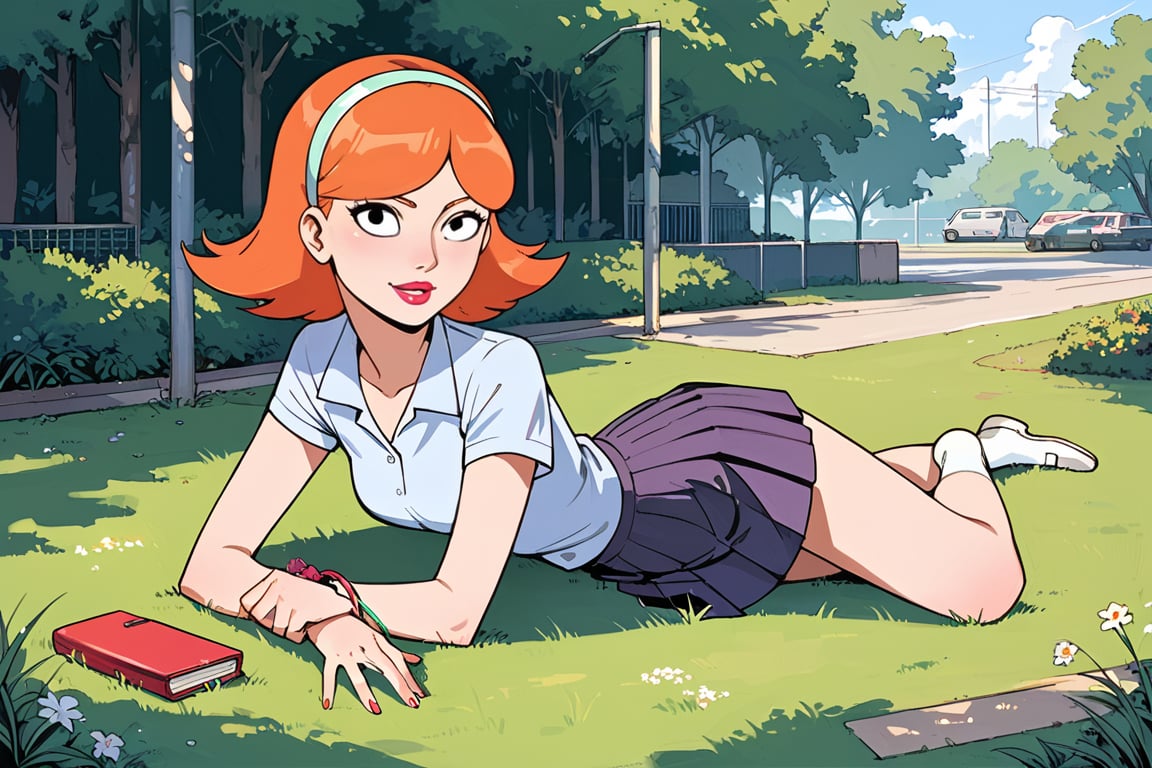 full_body, daytime, outdoors, masterpiece, best quality, highly detailed, score_9, score_8_up, score_7_up, score_6_up, source_anime, JessicaXLv2LessSteps, 1girl, BREAK, lipstick, short hair,  woman, cartoon_source, orange hair, skirt, shirt, school, schoolgirl, looking at the viewer, black eyes, headband, dynamic pose, sit down in the grass,