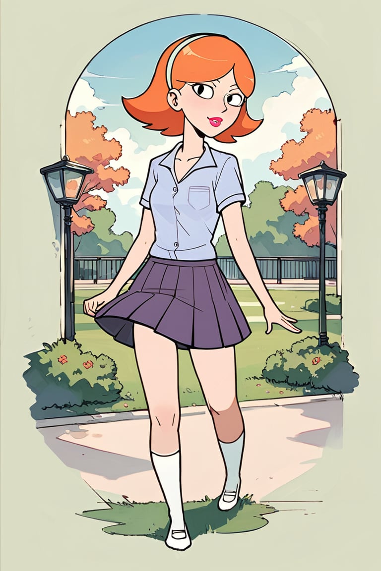 full_body, daytime, outdoors, masterpiece, best quality, highly detailed, score_9, score_8_up, score_7_up, score_6_up, source_anime, JessicaXLv2LessSteps, 1girl, BREAK, lipstick, short hair,  woman, cartoon_source, orange hair, skirt, shirt, school, schoolgirl, looking at the viewer, black eyes, headband, dynamic pose,