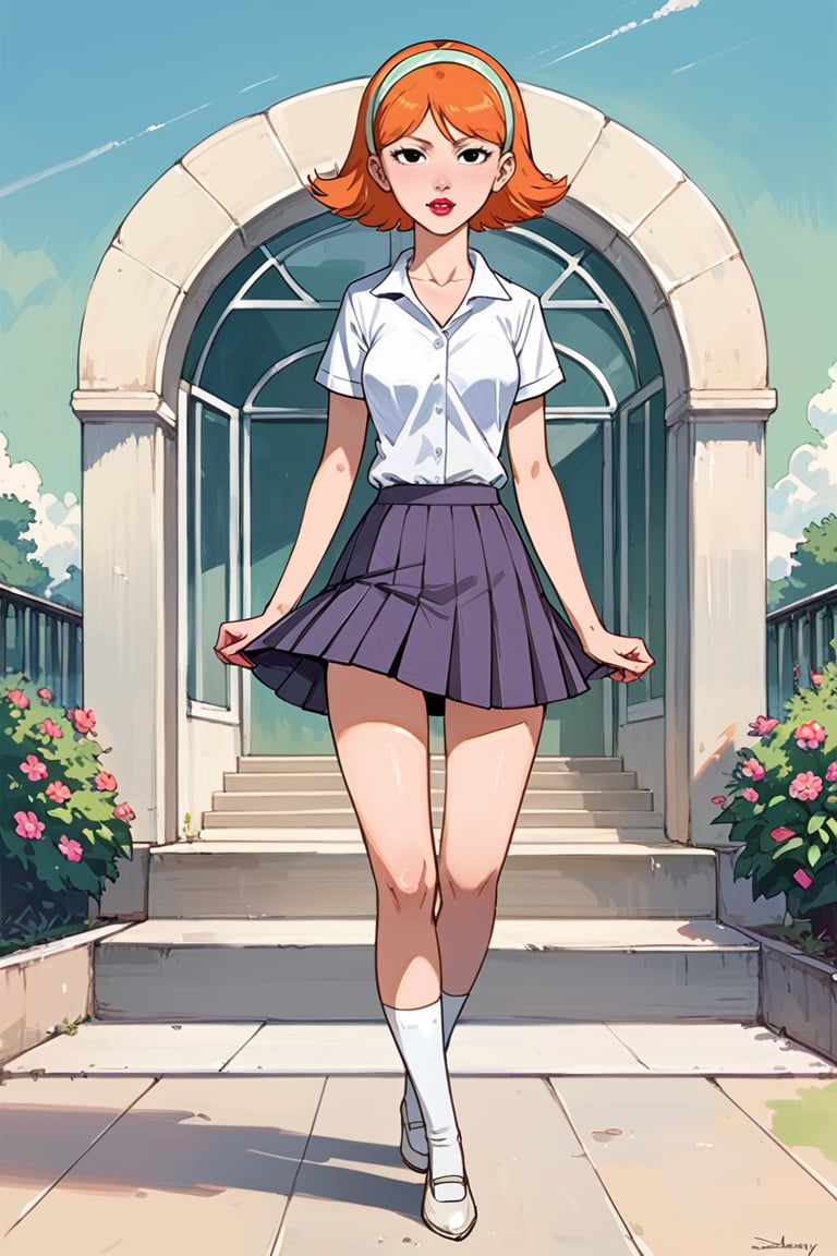 full_body, daytime, outdoors, masterpiece, best quality, highly detailed, score_9, score_8_up, score_7_up, score_6_up, source_anime, JessicaXLv2LessSteps, 1girl, BREAK, lipstick, short hair,  woman, cartoon_source, orange hair, skirt, shirt, school, schoolgirl, looking at the viewer, black eyes, headband, dynamic pose,