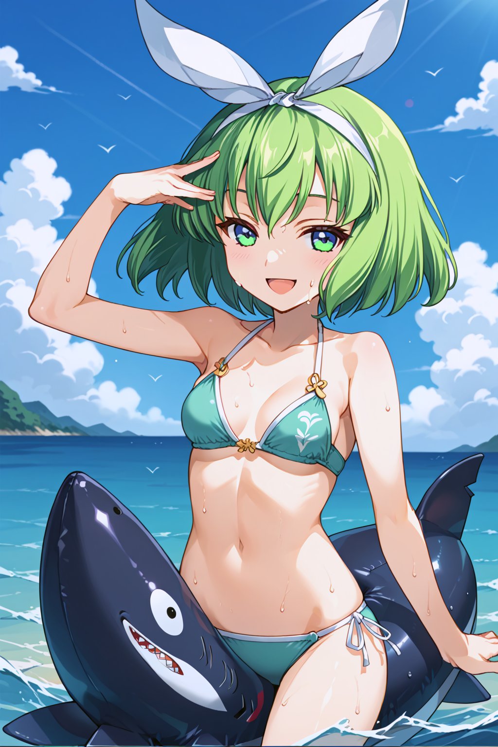 score_9, score_8_up, score_7_up, source_anime, best quality, masterpiece, very aesthetic, absurdres, 
source_anime, 
,//characters, 1girl, tillday_shape, green hair, short hair, solo, ribbon, navel, hair ribbon, 
cute bikini
,//situations, in sea, in ocean,  ocean backgrounds, face lighting,
,//pose, 
a girl, holding inflatable shark, sweat, open_mouth, smile,
,/LoRA, beautiful_female_fingers, perfect anatomy, correct number of fingers, 5_fingers, perfect hands, beautiful hands, Expressiveh,concept art,reset_Kalar, himegasakisakurako, furuderika_pony,totori_pony,tillday_shape, Urza_Planeis, tsukiko, majin_hornet