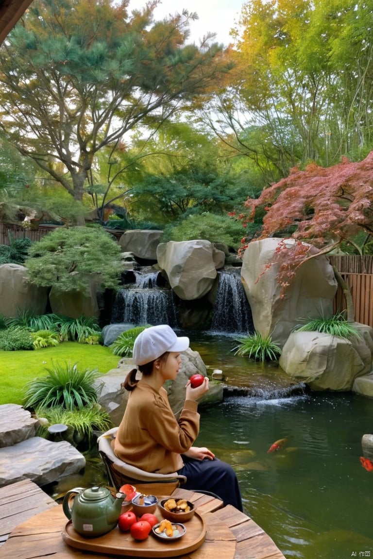 yard
a woman is seated on a chair facing a pond. She is wearing a white cap
a brown long-sleeved shirt
and black pants. Her hair is tied back in a ponytail
and she is holding a red apple in her right hand. Her left hand is resting on her hip
while her left hand rests on her right wrist. A teapot
a plate
and a tray of fruit are placed on the table in front of her. The table is placed on a wooden deck
with a black metal frame around it. Two goldfish can be seen swimming in the pond. The pond is surrounded by large gray rocks
and there is a waterfall in the middle of the image. To the left of the woman
there are green plants and trees.
（Fish pond：1.05）
