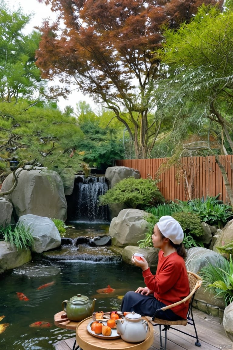 yard
a woman is seated on a chair facing a pond. She is wearing a white cap
a brown long-sleeved shirt
and black pants. Her hair is tied back in a ponytail
and she is holding a red apple in her right hand. Her left hand is resting on her hip
while her left hand rests on her right wrist. A teapot
a plate
and a tray of fruit are placed on the table in front of her. The table is placed on a wooden deck
with a black metal frame around it. Two goldfish can be seen swimming in the pond. The pond is surrounded by large gray rocks
and there is a waterfall in the middle of the image. To the left of the woman
there are green plants and trees.
（Fish pond：1.05）
