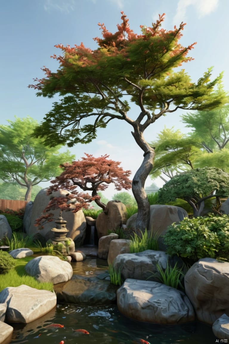 a natural yard,fishpond rockery,masterpiece,Highly detailed,studio lighting,cherry tree,sharp focus,physically-based rendering,extreme detail,