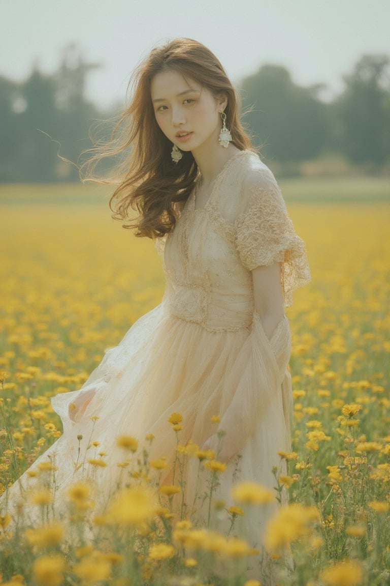 beautiful fashion_shot of korean woman in flower field, professional photo, cute