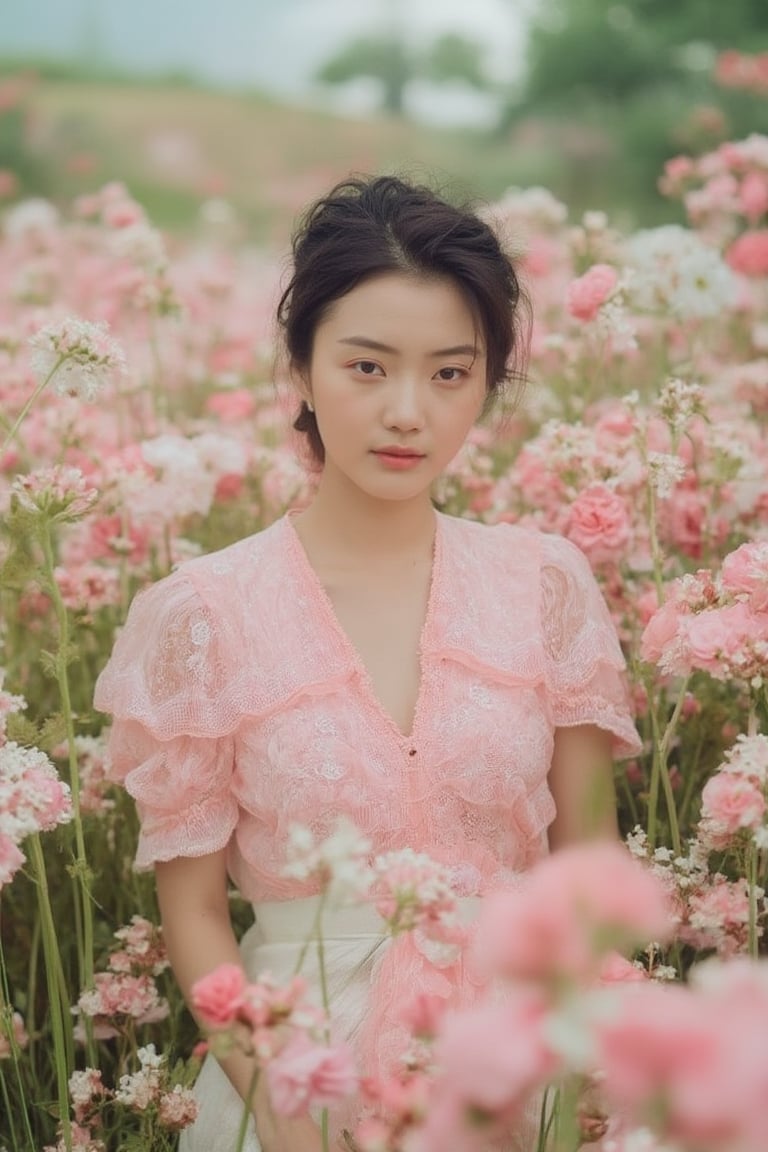 beautiful fashion_shot of korean woman in flower field, professional photo, cute