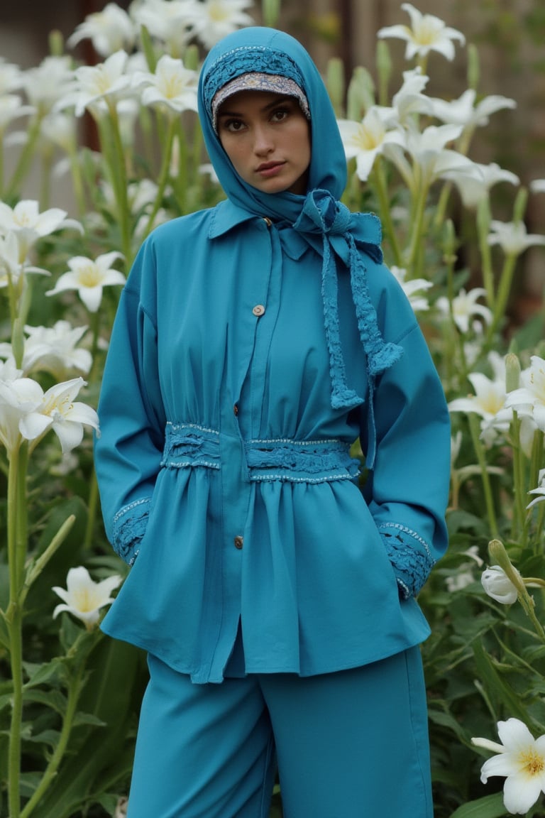 fashion_shot of  arabic woman in blue jacket, medium shot, depth , contrast color, white lily garden