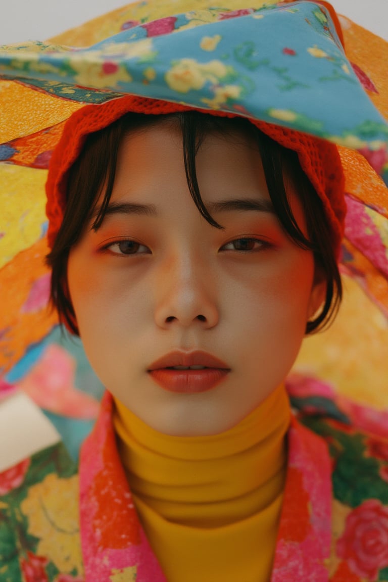 fashion_shot of asian woman under colorful clothes, portrait, depth , contrast color