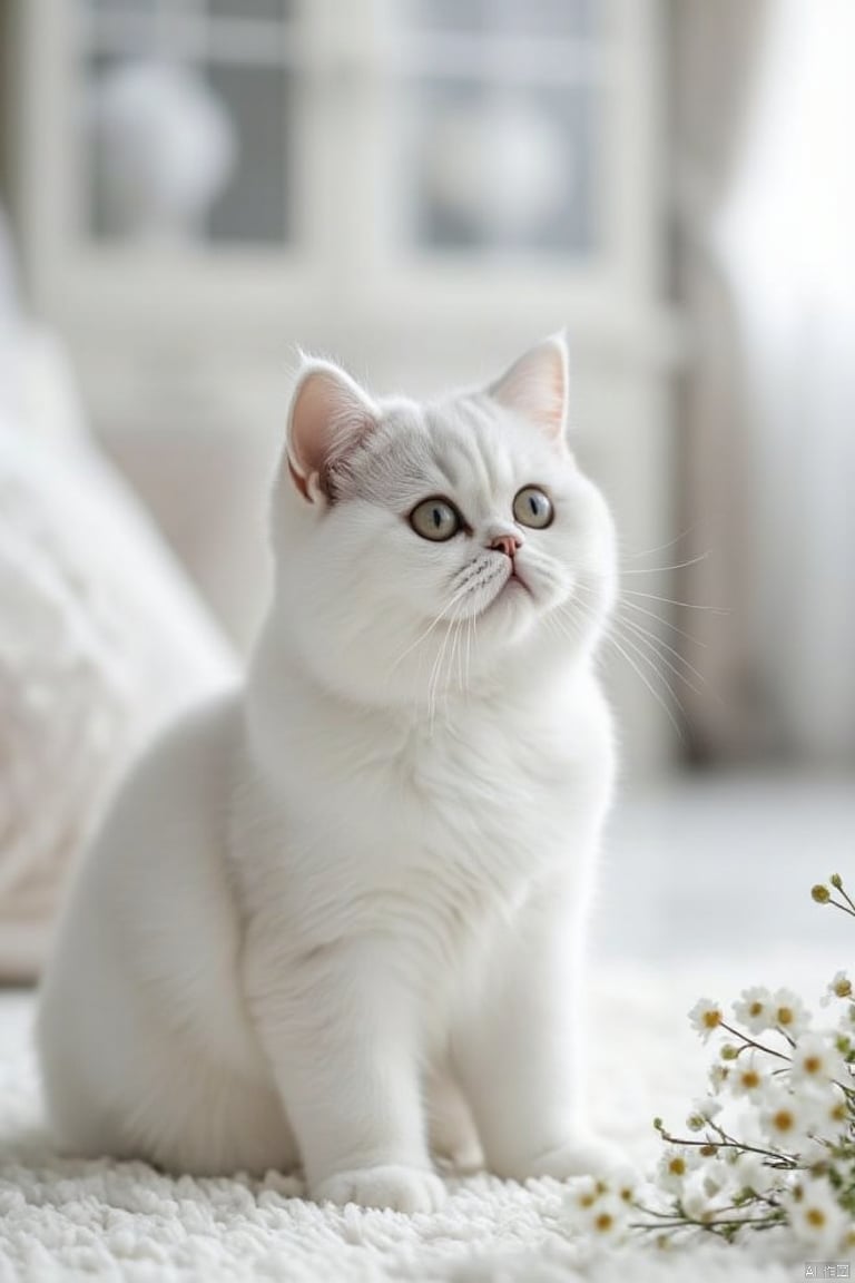 A cute Asian little girl, children's photography, real, photos. She sat on the fluffy white carpet
Its front paws rest on the carpet. On her right is a small cluster of white flowers. Blurred background
The windows and white curtains are clearly visible