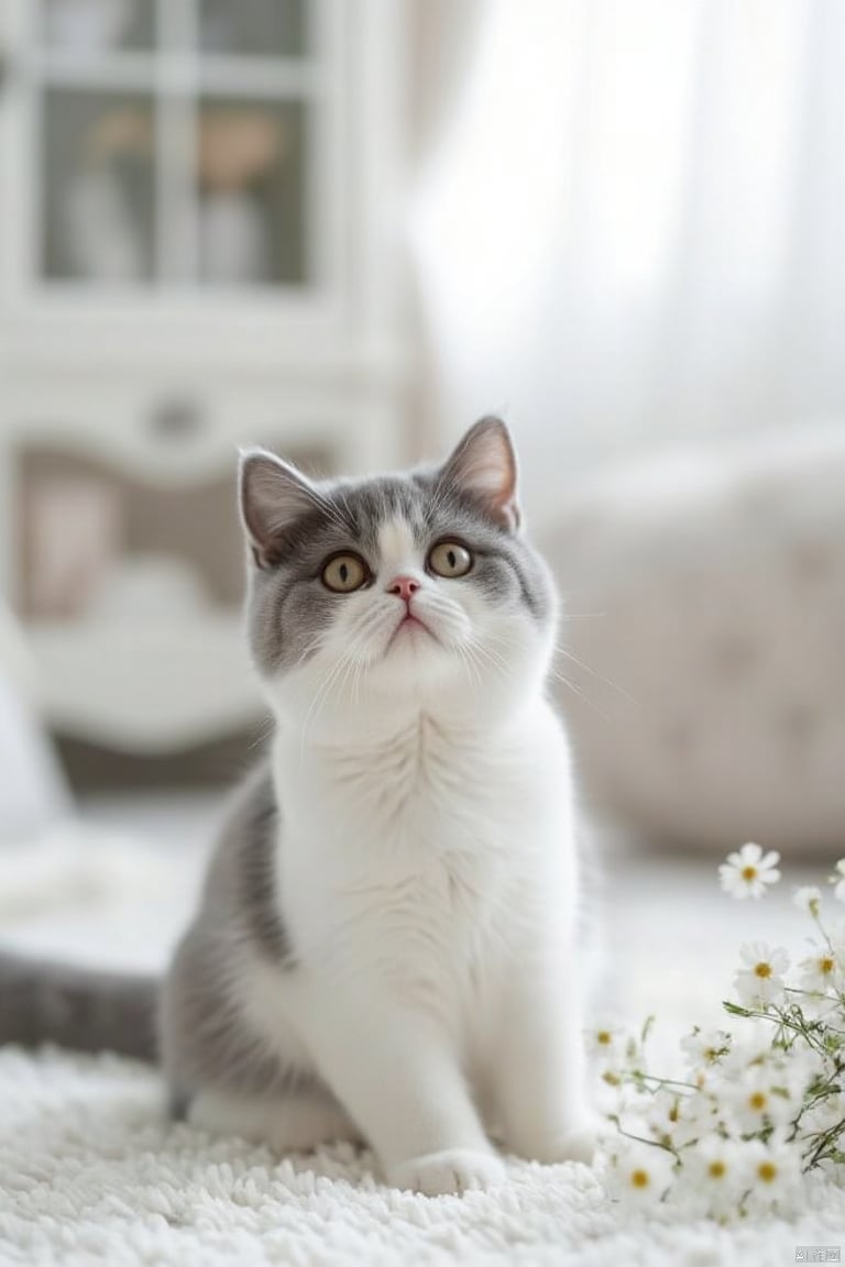 A cute Asian little girl, children's photography, real, photos. She sat on the fluffy white carpet
Its front paws rest on the carpet. To the right of the cat is a small cluster of white flowers. Blurred background
The windows and white curtains are clearly visible