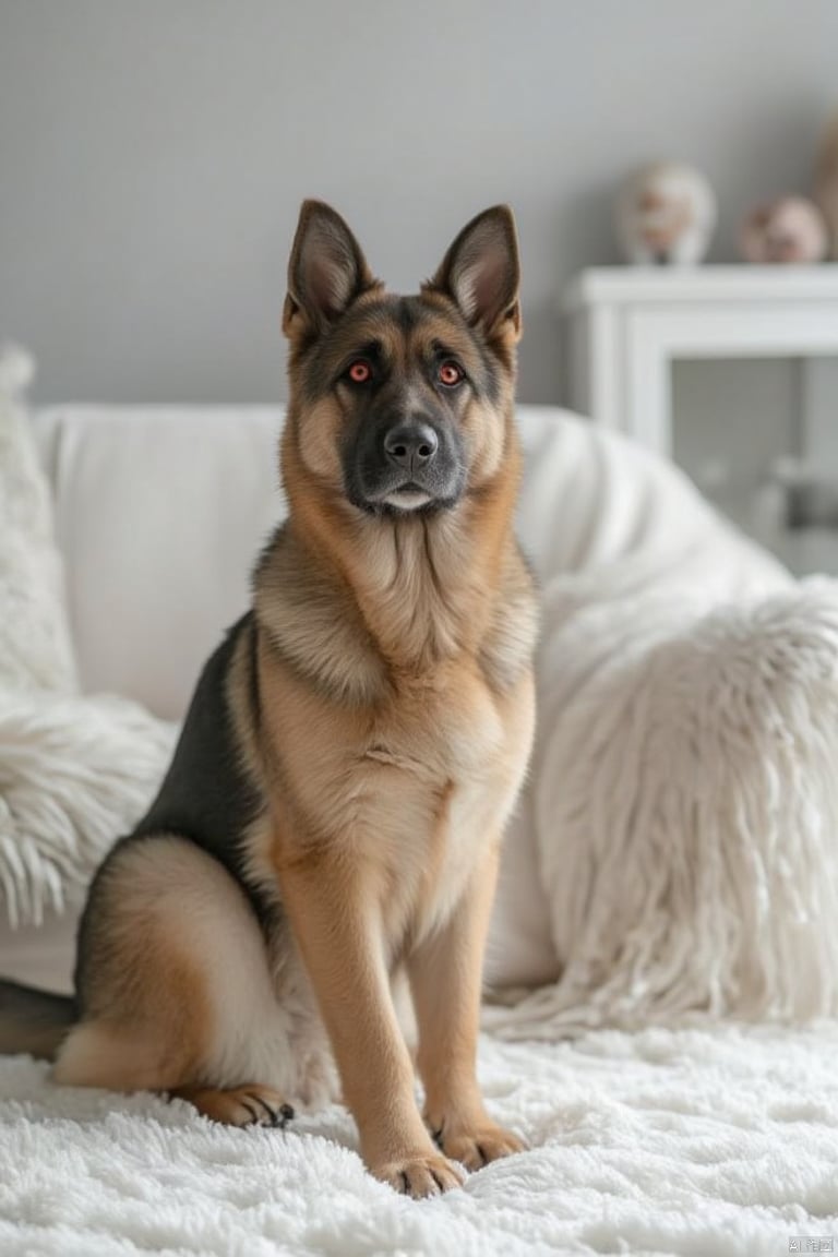 A German Shepherd sits on a fluffy white blanket. My eyes are red, and behind me is a white sofa with a white blanket on top. On the right side of the sofa is a white framed window. There are two decorations on the top of the window.