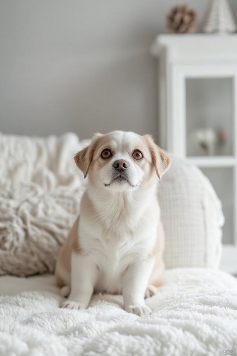 A dog is sitting on a fluffy white blanket. My eyes are red, and behind me is a white sofa with a white blanket on top. On the right side of the sofa is a white framed window. There are two decorations on the top of the window.