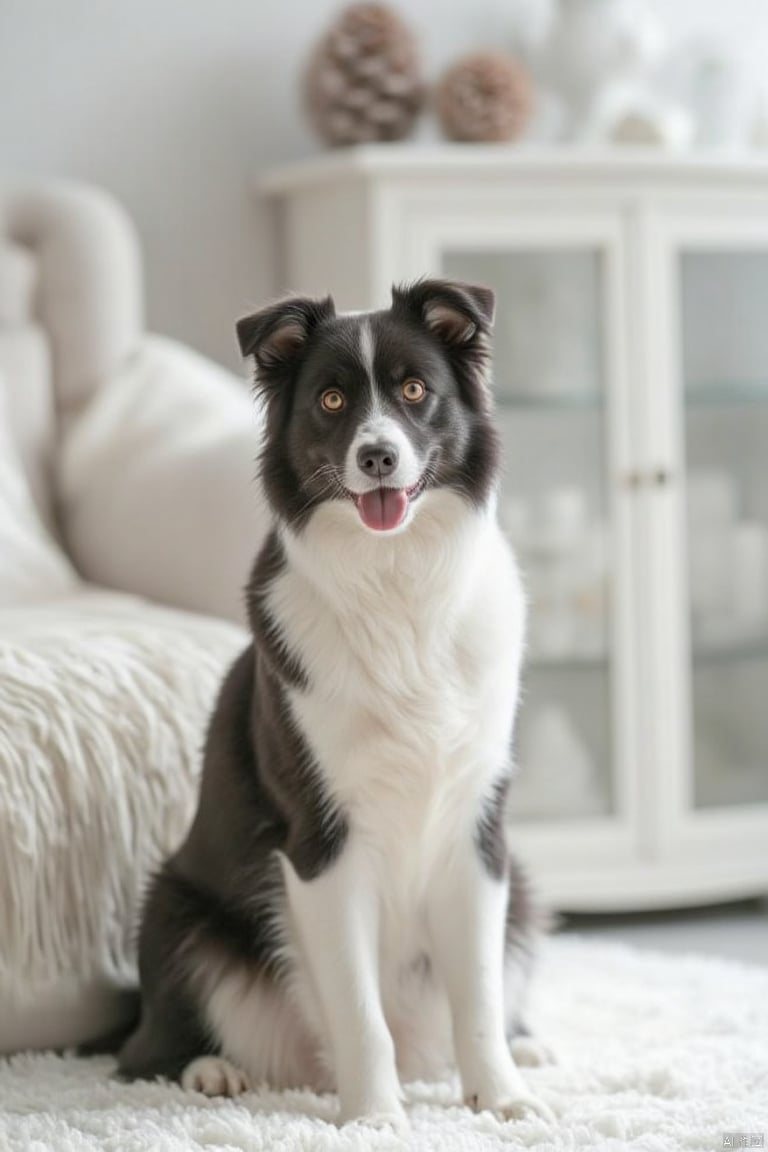 A border Collie sits on a fluffy white blanket. My eyes are red, and behind me is a white sofa with a white blanket on top. On the right side of the sofa is a white framed window. There are two decorations on the top of the window.