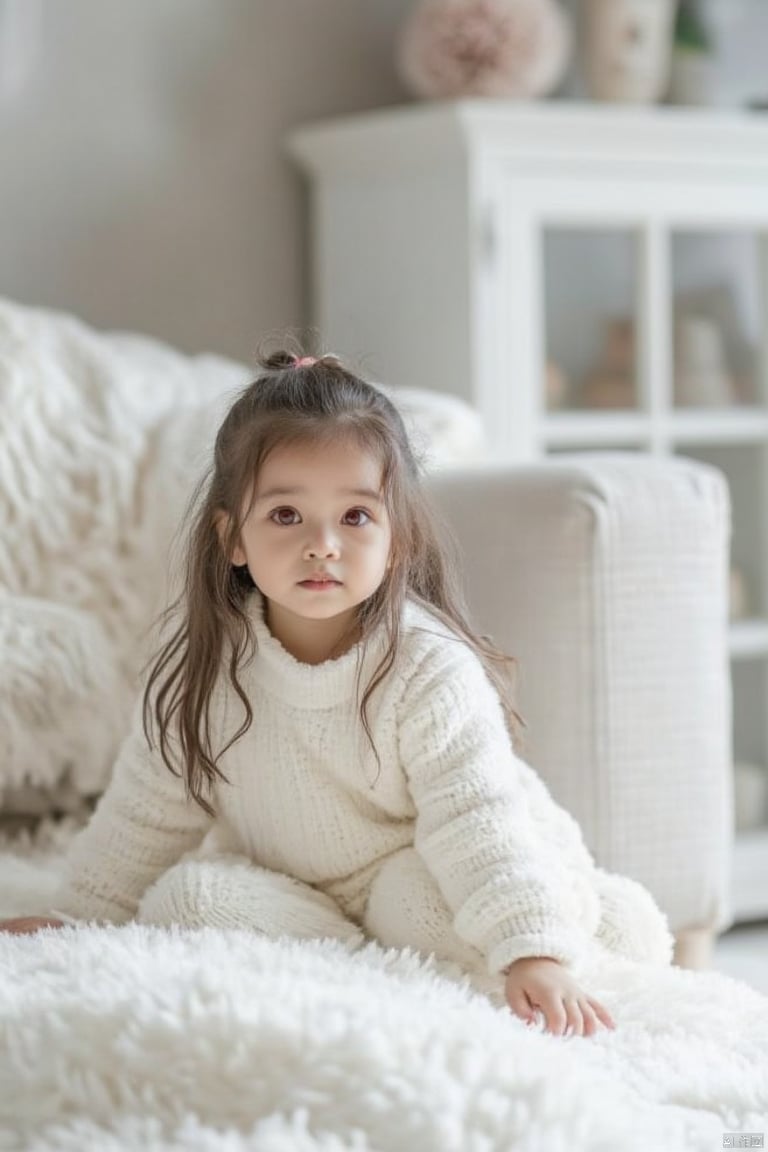 A girl is sitting on a fluffy white blanket. My eyes are red, and behind me is a white sofa with a white blanket on top. On the right side of the sofa is a white framed window. There are two decorations on the top of the window.