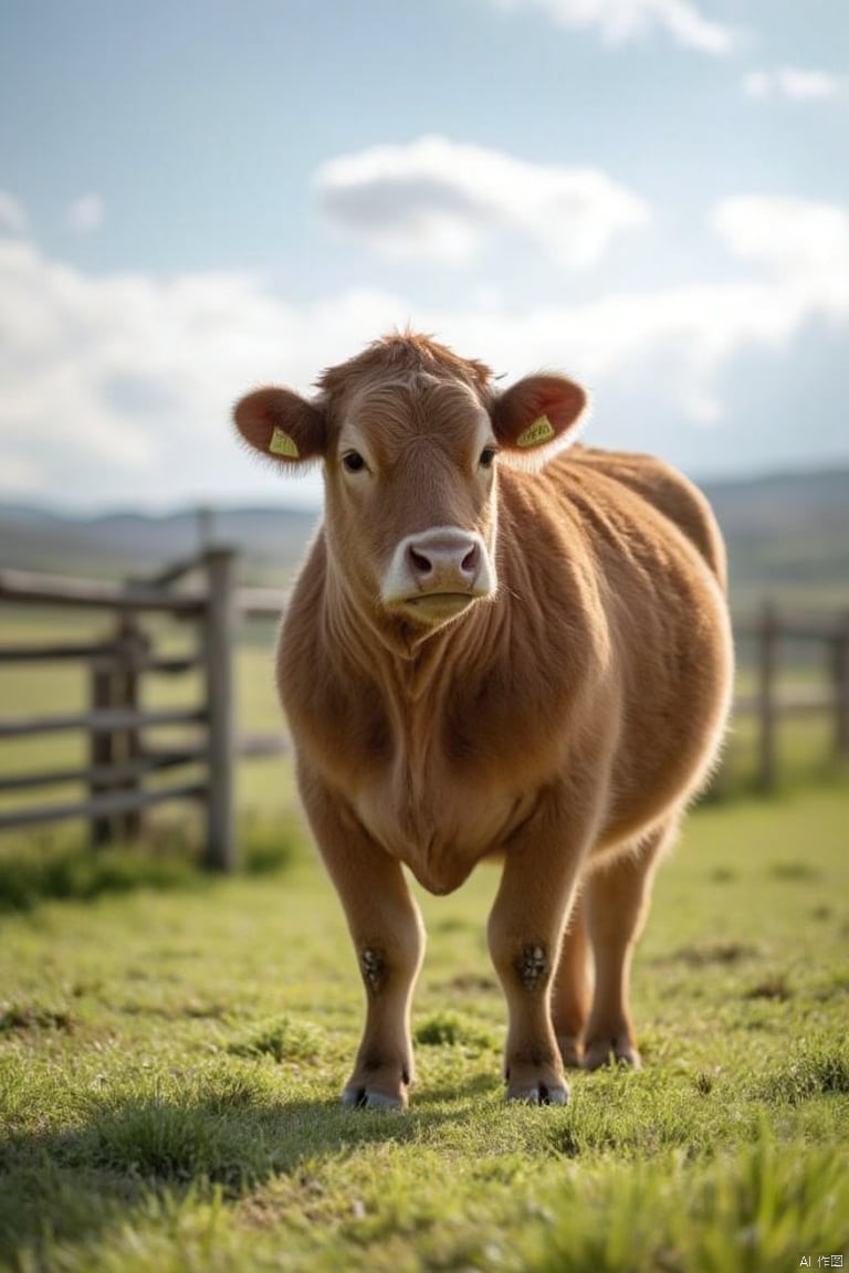 A majestic cow stands in a green pasture, sunlight casting a warm glow on its brown coat as it gazes calmly into the distance. The rustic fence in the background adds depth and texture to the scene, with a few wispy clouds drifting lazily across the sky.