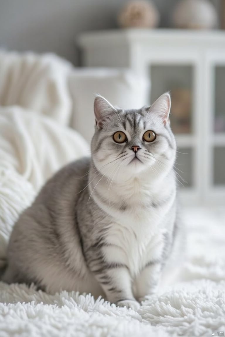 A gray and white striped cat is sitting on a white fluffy blanket. The cat's eyes are yellow and its ears are perked up. Behind the cat is a white couch with a white blanket on top of it. To the right of the couch is a window that has a white frame. There are two decorative items on the top of the window.