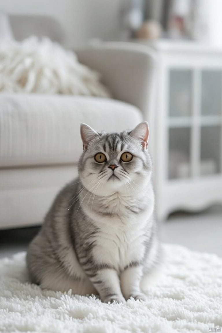 A gray and white striped cat is sitting on a white fluffy blanket. The cat's eyes are yellow and its ears are perked up. Behind the cat is a white couch with a white blanket on top of it. To the right of the couch is a window that has a white frame. There are two decorative items on the top of the window.