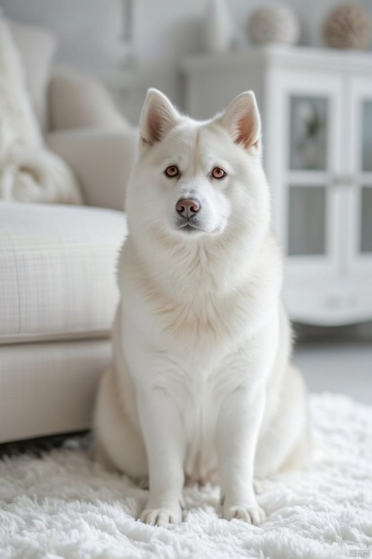 An Alaskan dog sits on a fluffy white blanket. My eyes are red, and behind me is a white sofa with a white blanket on top. On the right side of the sofa is a white framed window. There are two decorations on the top of the window.