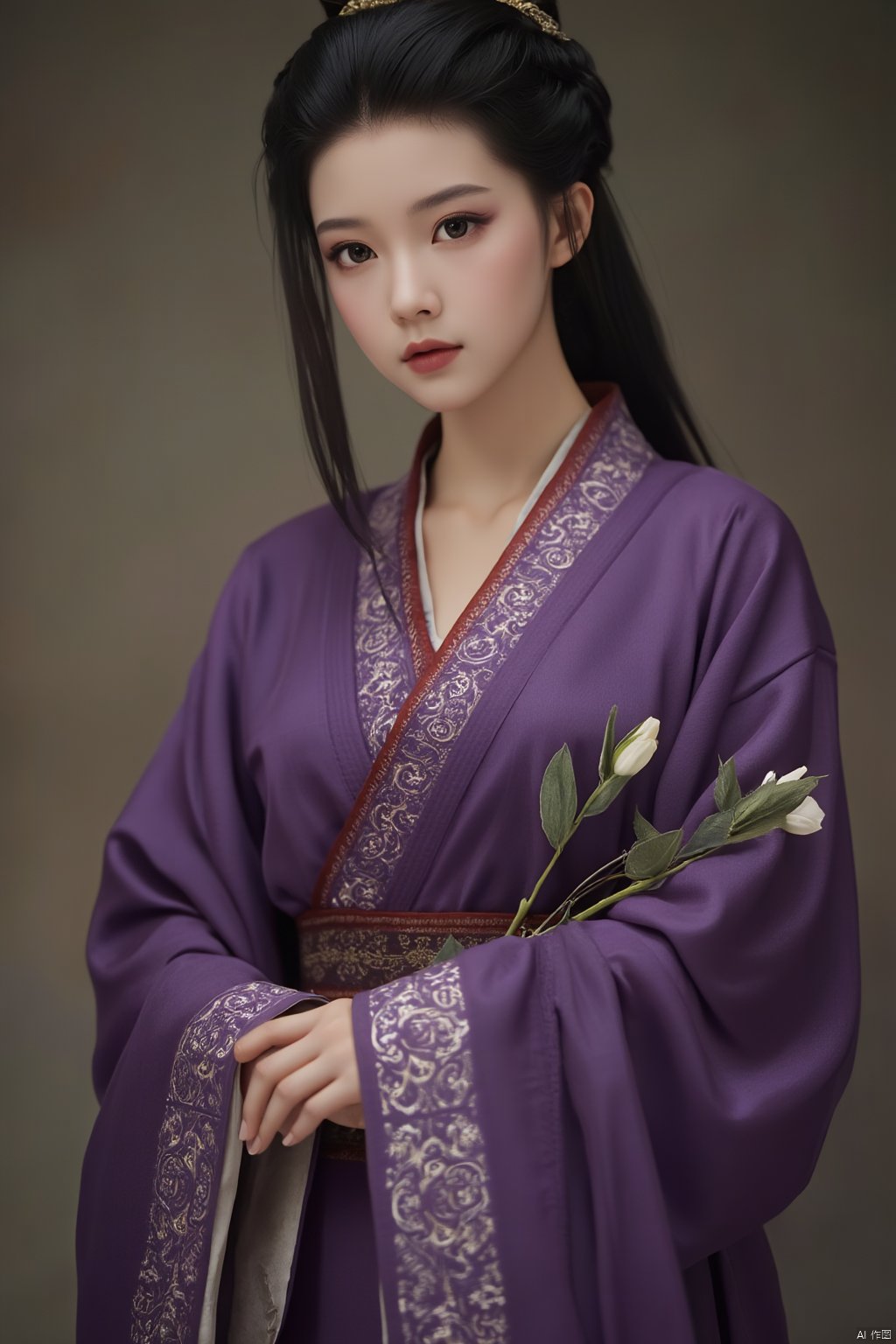 masterpiece,qingyi,danya,1girl,black hair,hanfu,(flower:1.5),realistic,hair ornament,chinese clothes,(purple dress:1.39),black eyes,long sleeves,holding,holding flower,,hanfu,cho girl, longfeihanfu,looking at viewer,(huge breasts:1.79),Xqinhan