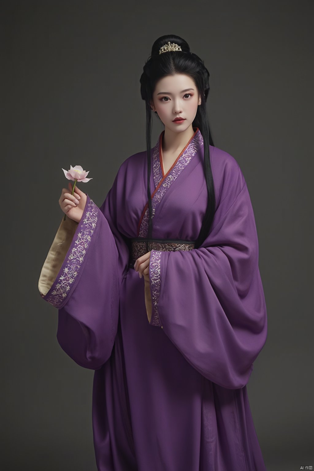 masterpiece,qingyi,danya,1girl,black hair,hanfu,(flower:1.5),realistic,hair ornament,chinese clothes,(purple dress:1.39),black eyes,long sleeves,holding,holding flower,,hanfu,cho girl, longfeihanfu,looking at viewer,(huge breasts:1.79),Xqinhan