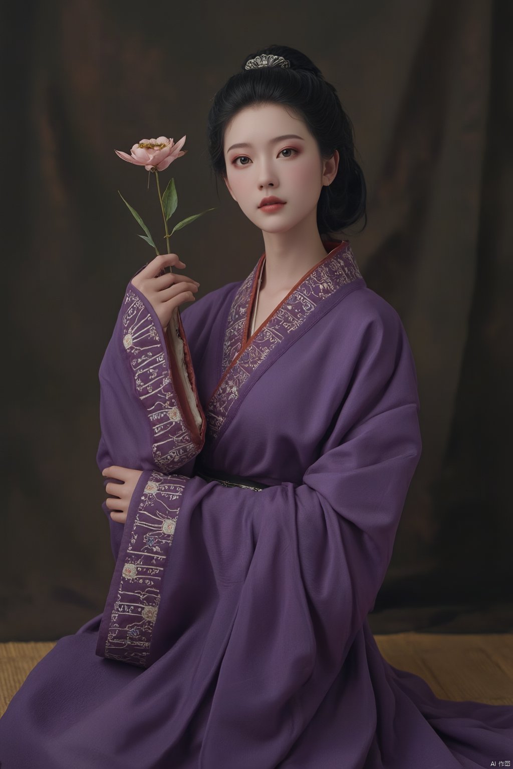 masterpiece,qingyi,danya,1girl,black hair,hanfu,(flower:1.5),realistic,hair ornament,chinese clothes,(purple dress:1.39),black eyes,long sleeves,holding,holding flower,,hanfu,cho girl, longfeihanfu,looking at viewer,(huge breasts:1.79),Xqinhan