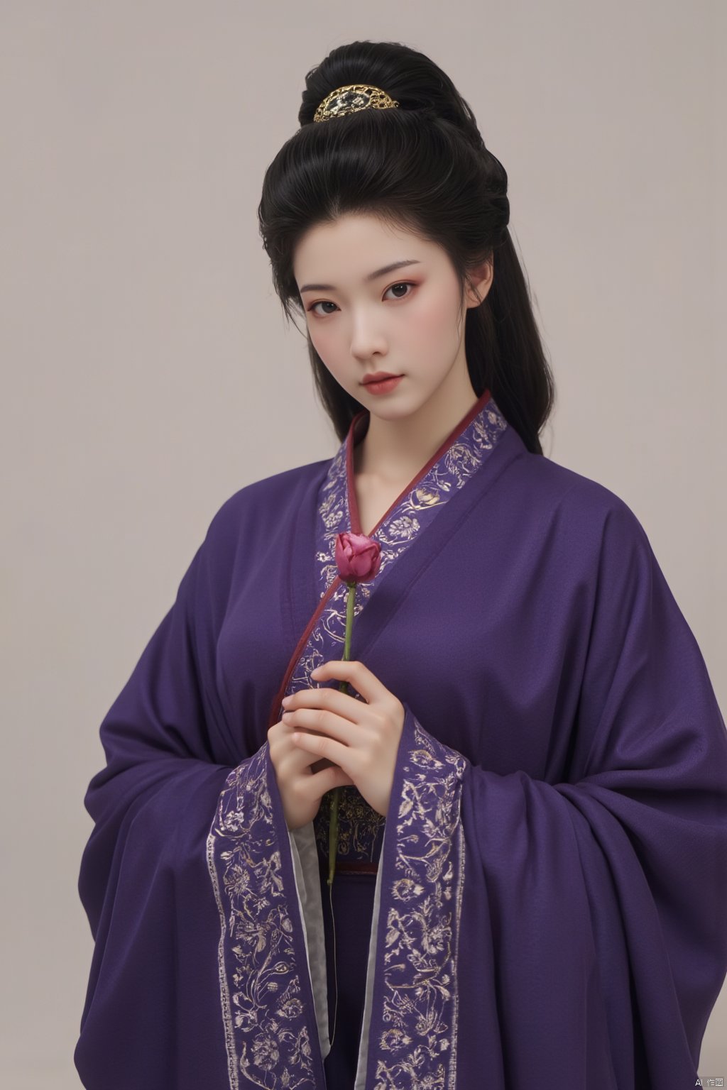 masterpiece,qingyi,danya,1girl,black hair,hanfu,(flower:1.5),realistic,hair ornament,chinese clothes,(purple dress:1.39),black eyes,long sleeves,holding,holding flower,,hanfu,cho girl, longfeihanfu,looking at viewer,(huge breasts:1.79),Xqinhan