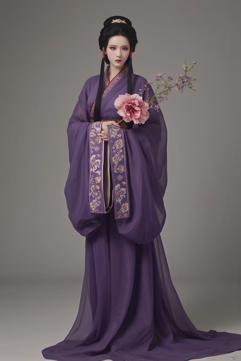 masterpiece,qingyi,danya,1girl,black hair,hanfu,(flower:1.5),realistic,hair ornament,chinese clothes,(purple dress:1.39),black eyes,long sleeves,holding,holding flower,,hanfu,cho girl, longfeihanfu,looking at viewer,(huge breasts:1.79),Xqinhan