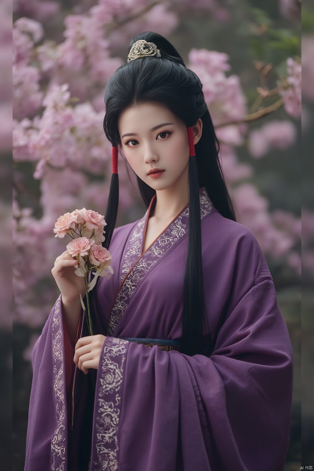 masterpiece,qingyi,danya,1girl,black hair,hanfu,(flower:1.5),realistic,hair ornament,chinese clothes,(purple dress:1.39),black eyes,long sleeves,holding,holding flower,,hanfu,cho girl, longfeihanfu,looking at viewer,(huge breasts:1.79),Xqinhan