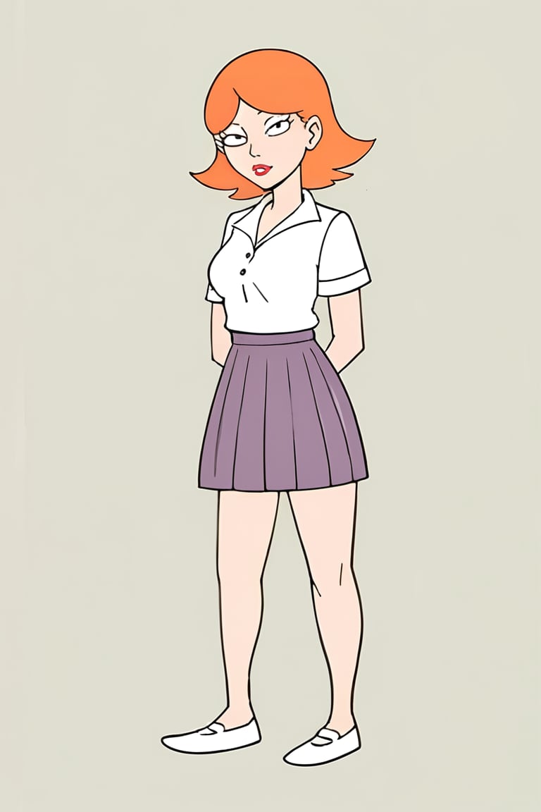 full_body, daytime, masterpiece, best quality, highly detailed, score_9, score_8_up, score_7_up, score_6_up, source_anime, JessicaXL,1girl, BREAK, lipstick, short hair,  woman, cartoon style, cartoon_source, orange hair, skirt, shirt, school, schoolgirl, looking at the viewer