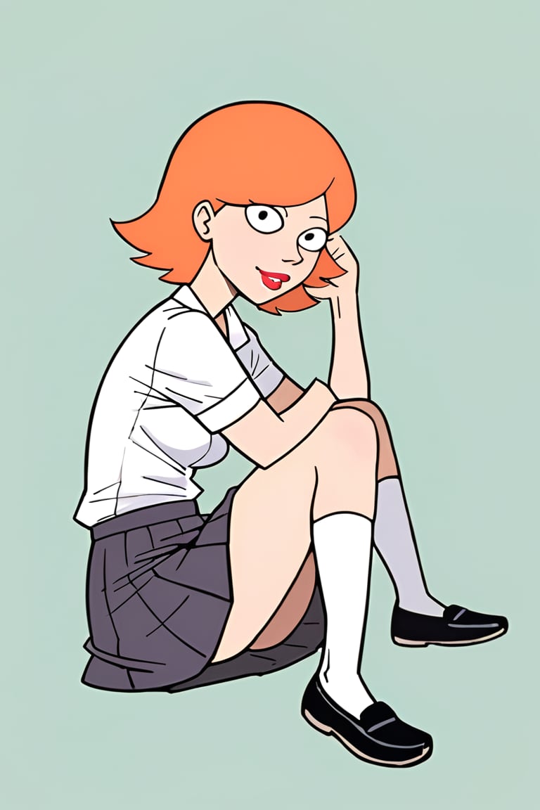 full_body, daytime, masterpiece, best quality, highly detailed, score_9, score_8_up, score_7_up, score_6_up, source_anime, JessicaXL,1girl, BREAK, lipstick, short hair,  woman, cartoon_source, orange hair, skirt, shirt, school, schoolgirl, looking at the viewer, black eyes,