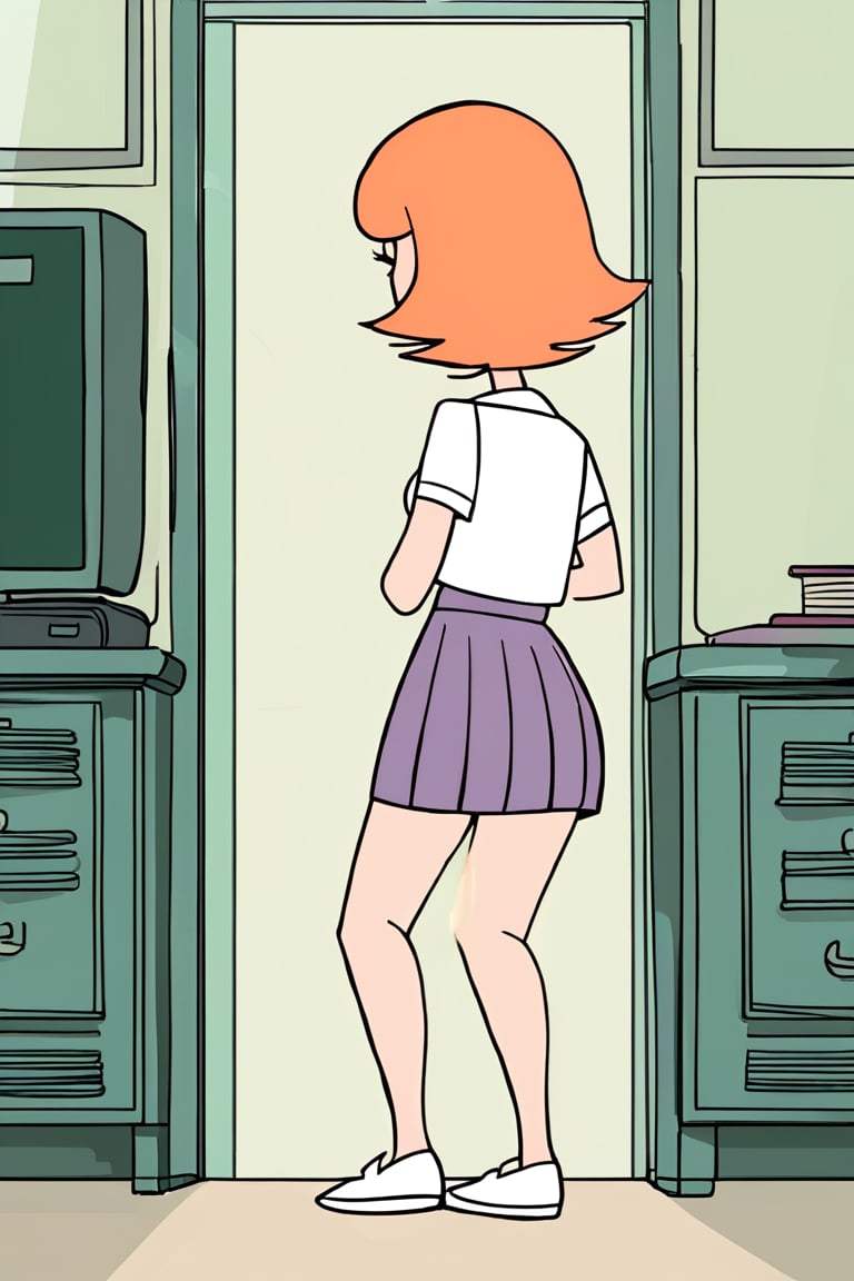 full_body, daytime, cartoonish, masterpiece, best quality, highly detailed, score_9, score_8_up, score_7_up, score_6_up, source_anime, JessicaXL,1girl, BREAK, lipstick, short hair,  woman, cartoon style, cartoon_source, orange hair, skirt, shirt, school, schoolgirl,