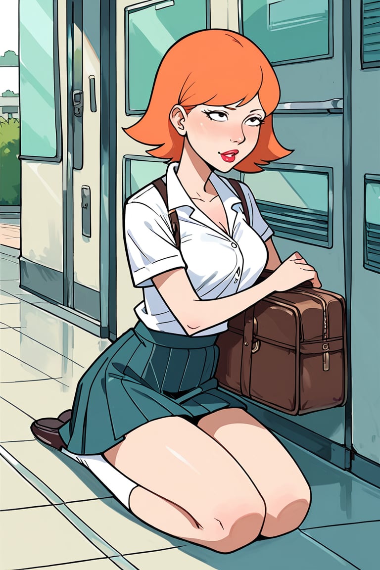 full_body, daytime, masterpiece, best quality, highly detailed, score_9, score_8_up, score_7_up, score_6_up, source_anime, JessicaXL,1girl, BREAK, lipstick, short hair,  woman, cartoon style, cartoon_source, orange hair, skirt, shirt, school, schoolgirl,