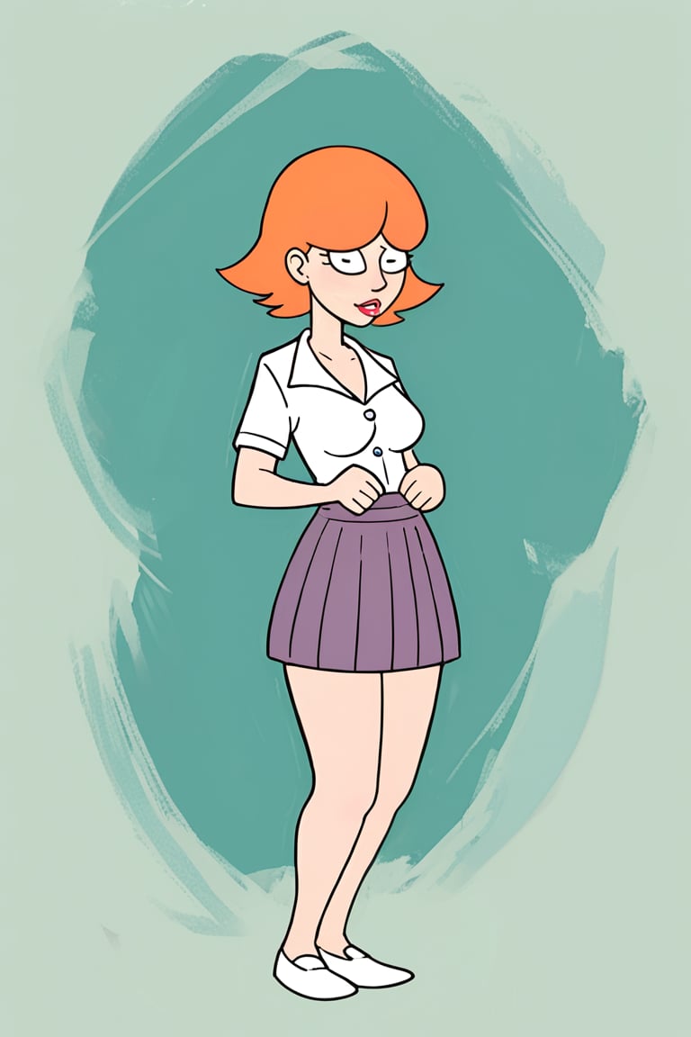 full_body, daytime, masterpiece, best quality, highly detailed, score_9, score_8_up, score_7_up, score_6_up, source_anime, JessicaXL,1girl, BREAK, lipstick, short hair,  woman, cartoon style, cartoon_source, orange hair, skirt, shirt, school, schoolgirl,