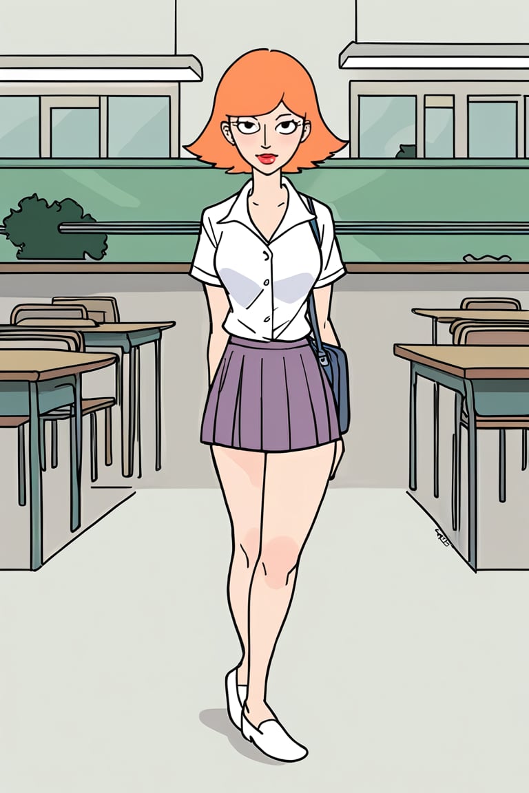 full_body, daytime, masterpiece, best quality, highly detailed, score_9, score_8_up, score_7_up, score_6_up, source_anime, JessicaXL,1girl, BREAK, lipstick, short hair,  woman, cartoon_source, orange hair, skirt, shirt, school, schoolgirl, looking at the viewer, black eyes,