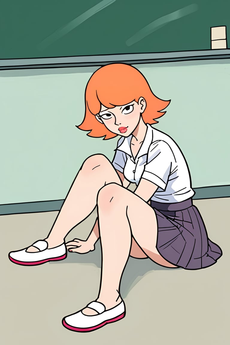 full_body, daytime, masterpiece, best quality, highly detailed, score_9, score_8_up, score_7_up, score_6_up, source_anime, JessicaXL,1girl, BREAK, lipstick, short hair,  woman, cartoon_source, orange hair, skirt, shirt, school, schoolgirl, looking at the viewer, black eyes,