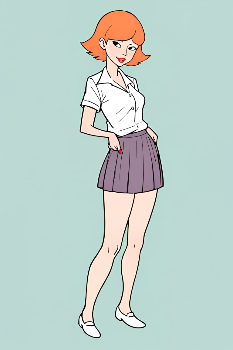 full_body, daytime, masterpiece, best quality, highly detailed, score_9, score_8_up, score_7_up, score_6_up, source_anime, JessicaXL,1girl, BREAK, lipstick, short hair,  woman, cartoon_source, orange hair, skirt, shirt, school, schoolgirl, looking at the viewer, black eyes,