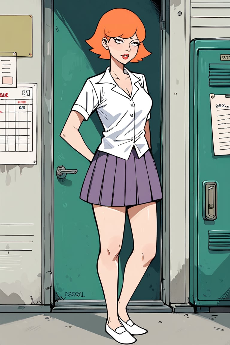 full_body, daytime, masterpiece, best quality, highly detailed, score_9, score_8_up, score_7_up, score_6_up, source_anime, JessicaXL,1girl, BREAK, lipstick, short hair,  woman, cartoon style, cartoon_source, orange hair, skirt, shirt, school, schoolgirl,