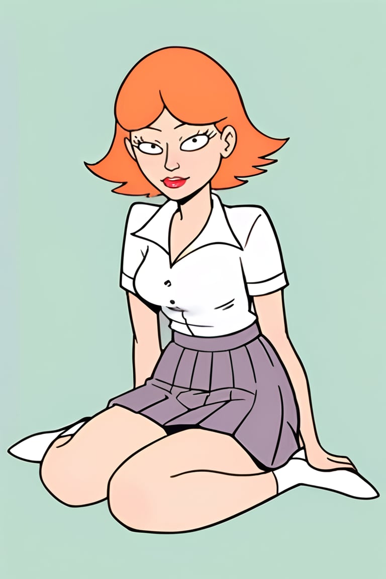 full_body, daytime, cartoonish, masterpiece, best quality, highly detailed, score_9, score_8_up, score_7_up, score_6_up, source_anime, JessicaXL,1girl, BREAK, lipstick, short hair,  woman, cartoon style, cartoon_source, orange hair, skirt, shirt, school, schoolgirl, looking at the viewer,