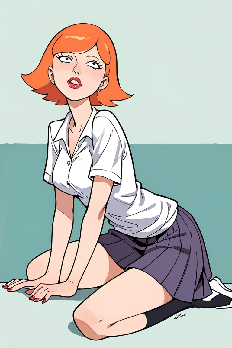 full_body, daytime, masterpiece, best quality, highly detailed, score_9, score_8_up, score_7_up, score_6_up, source_anime, JessicaXL,1girl, BREAK, lipstick, short hair,  woman, cartoon style, cartoon_source, orange hair, skirt, shirt, school, schoolgirl,